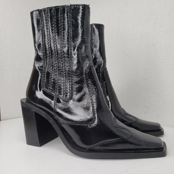 Topshop Black Patent Leather Stretch Panels Cowgirl Western Bootie Sz 4 Rodeo - Picture 3 of 10